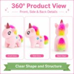 Pink rainbow unicorn plush toy for custom retail and oem plush collections front side back view