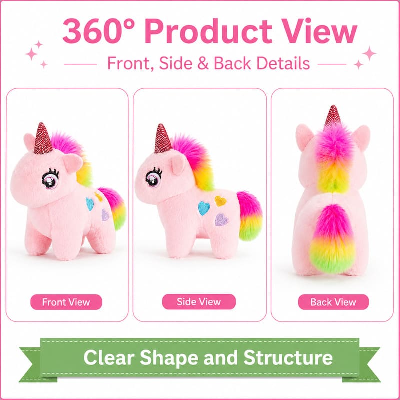 Pink rainbow unicorn plush toy for custom retail and oem plush collections front side back view