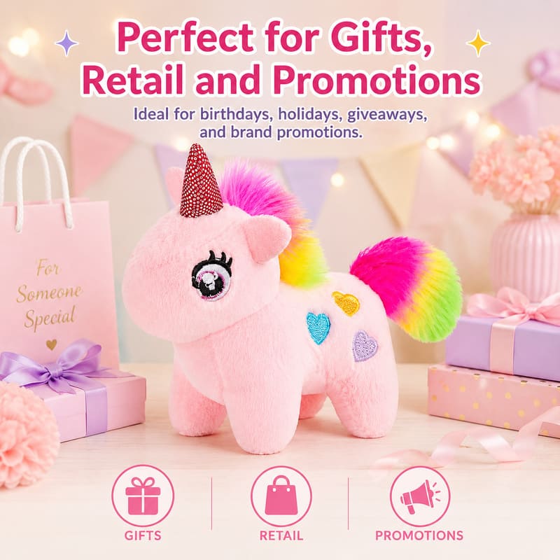 Pink rainbow unicorn plush toy for custom retail and oem plush collections stitching detail