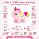 Pink rainbow unicorn plush toy for custom retail and oem plush collections embroidered detail