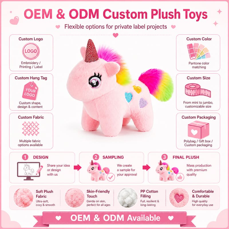 Pink rainbow unicorn plush toy for custom retail and oem plush collections embroidered detail