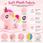Pink rainbow unicorn plush toy for custom retail and oem plush collections size reference