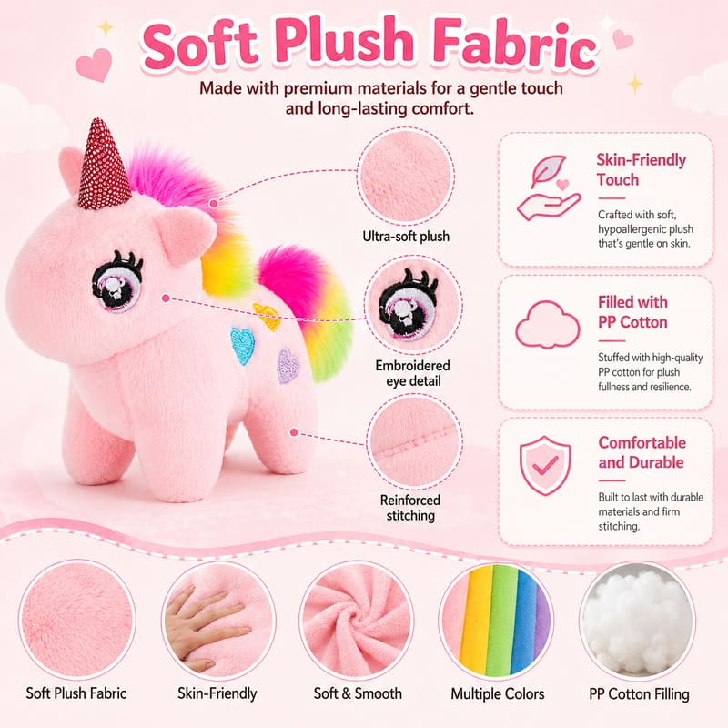 Pink rainbow unicorn plush toy for custom retail and oem plush collections size reference