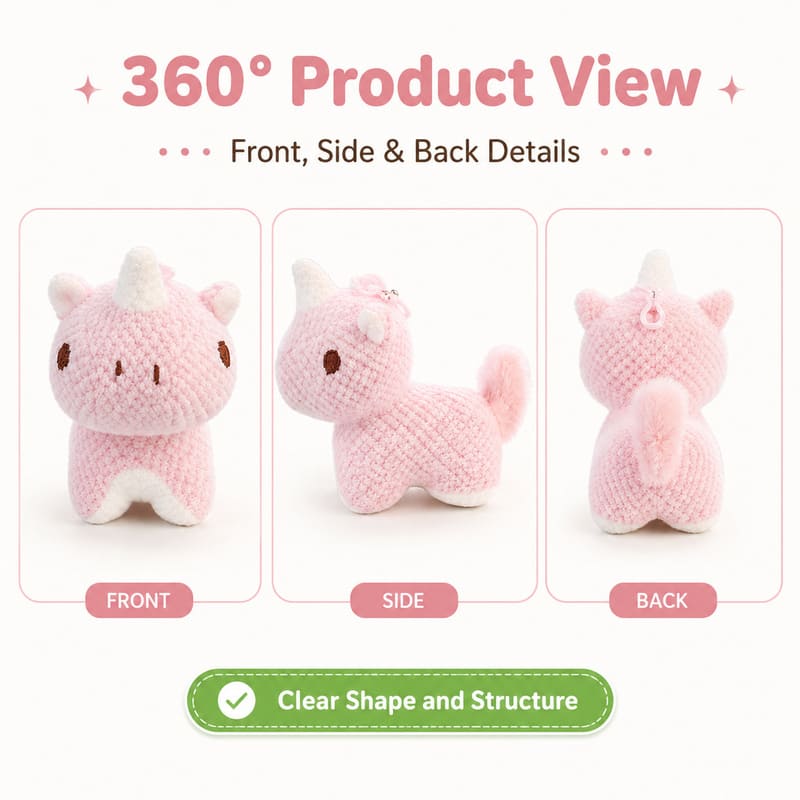 Pink rhino plush toy front side back view