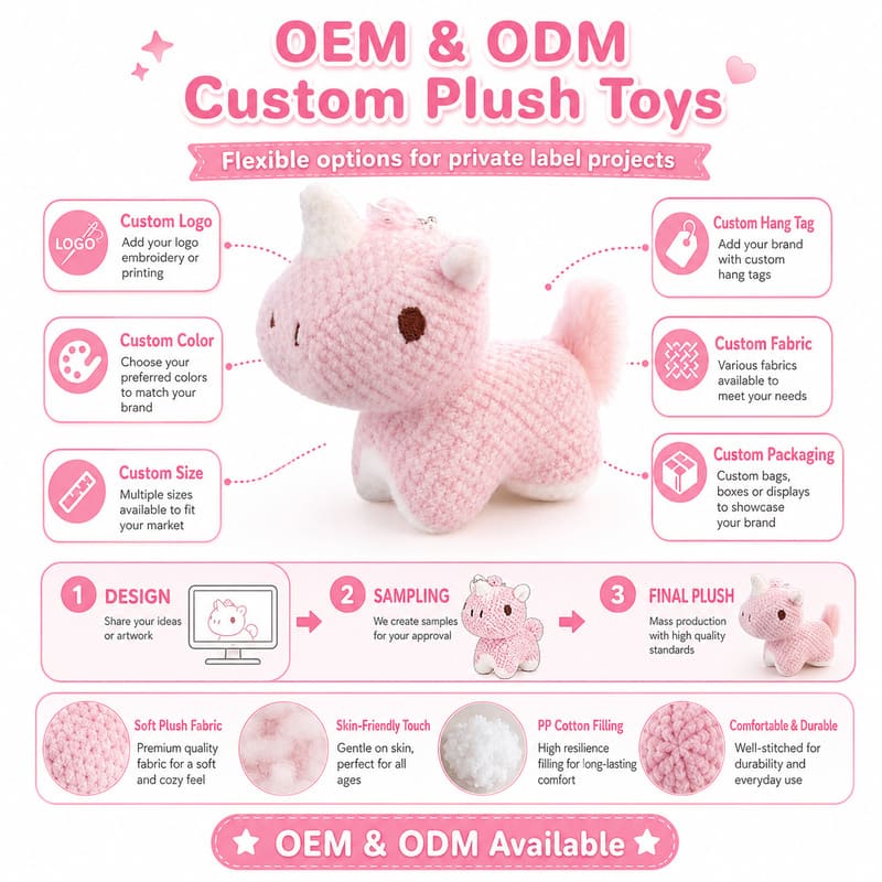 Pink rhino plush toy embroidered detail
