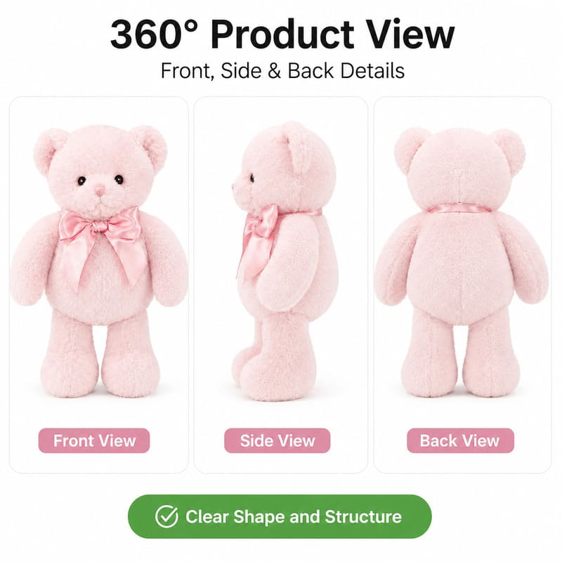 Pink teddy bear plush toy front side back view