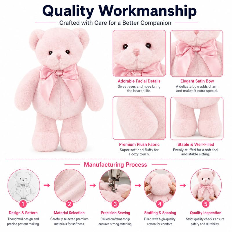 Pink teddy bear plush toy embroidered detail