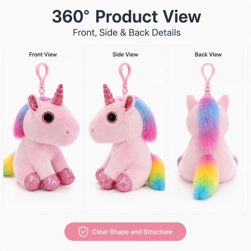 Pink unicorn plush bag charm front side back view