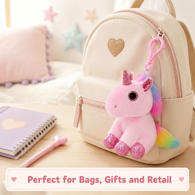 Pink unicorn plush bag charm stitching detail