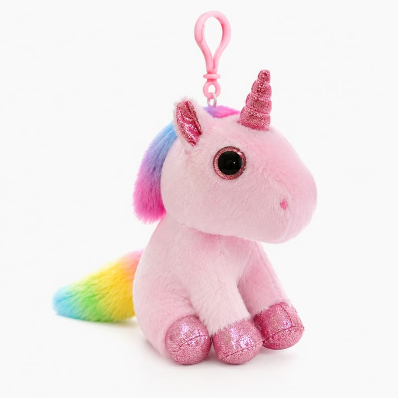 Pink unicorn plush bag charm front view