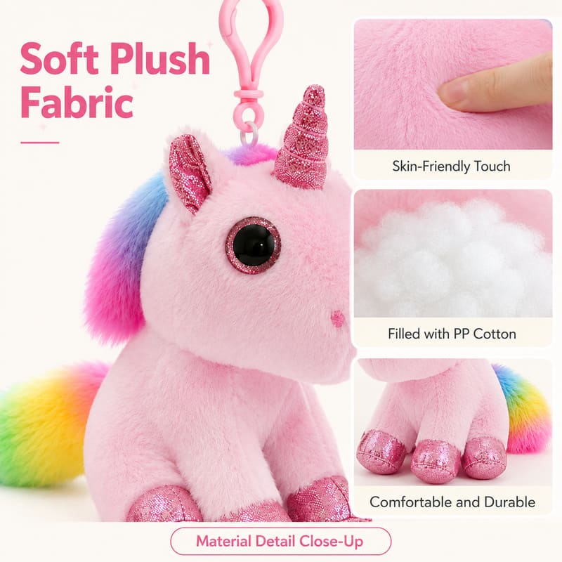 Pink unicorn plush bag charm size reference