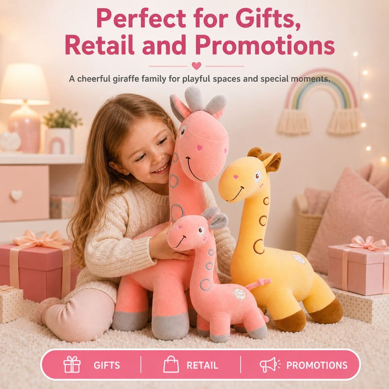 Pink yellow giraffe plush toy set stitching detail