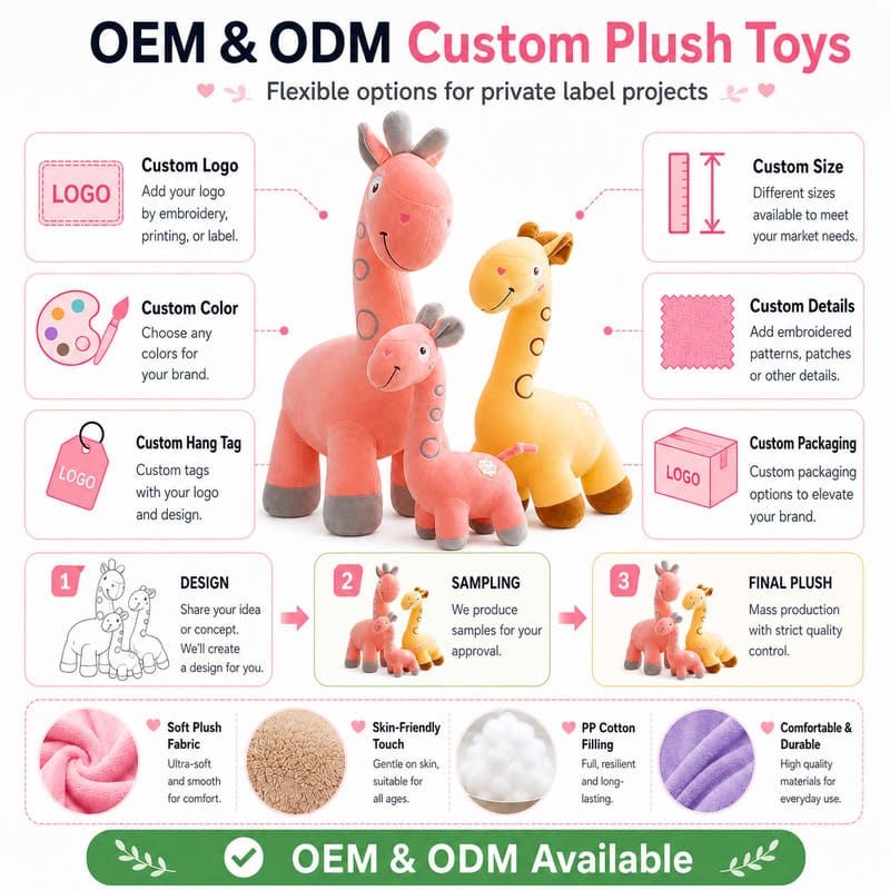 Pink yellow giraffe plush toy set design detail