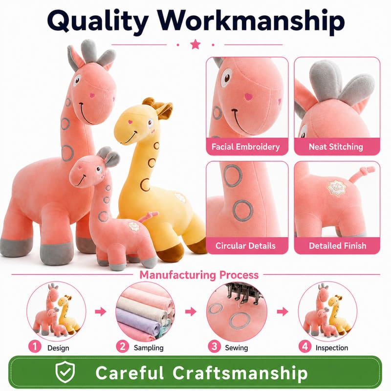 Pink yellow giraffe plush toy set embroidered detail
