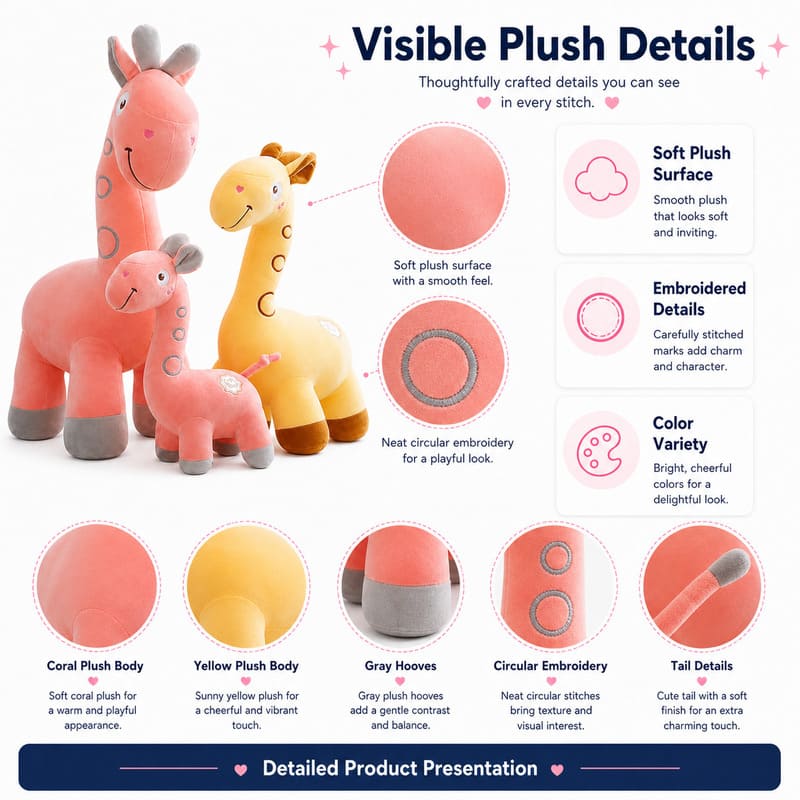 Pink yellow giraffe plush toy set size reference