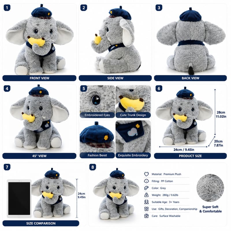 Police officer elephant plush toy for custom retail and oem plush collections stitching detail