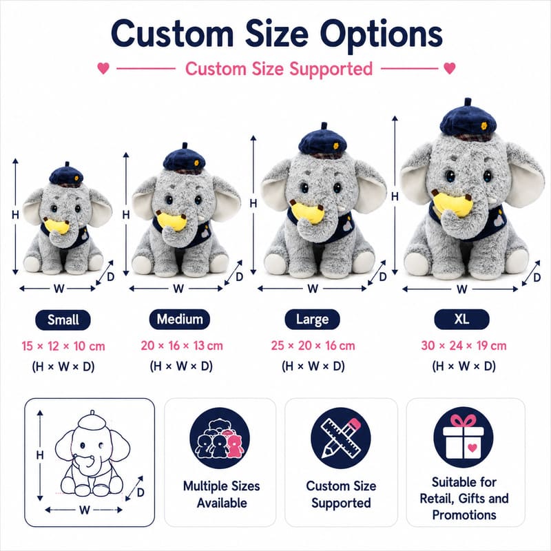 Police officer elephant plush toy for custom retail and oem plush collections size reference