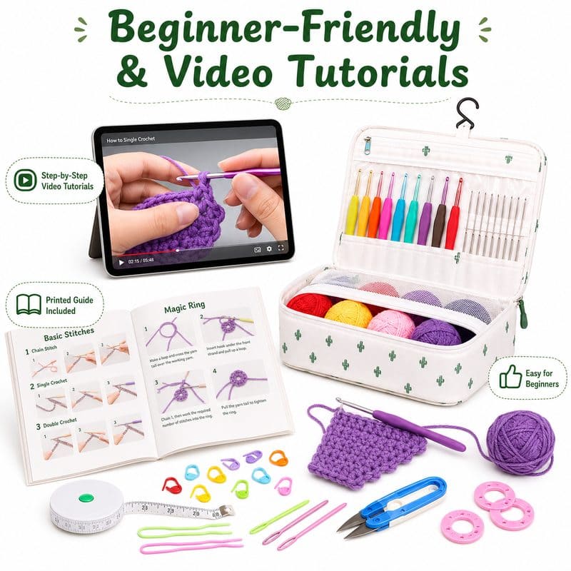 Portable crochet kit with hanging organizer size reference
