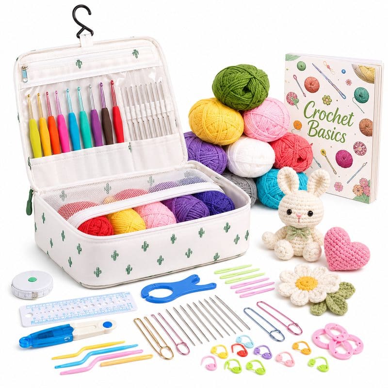 Portable crochet kit with hanging organizer front view