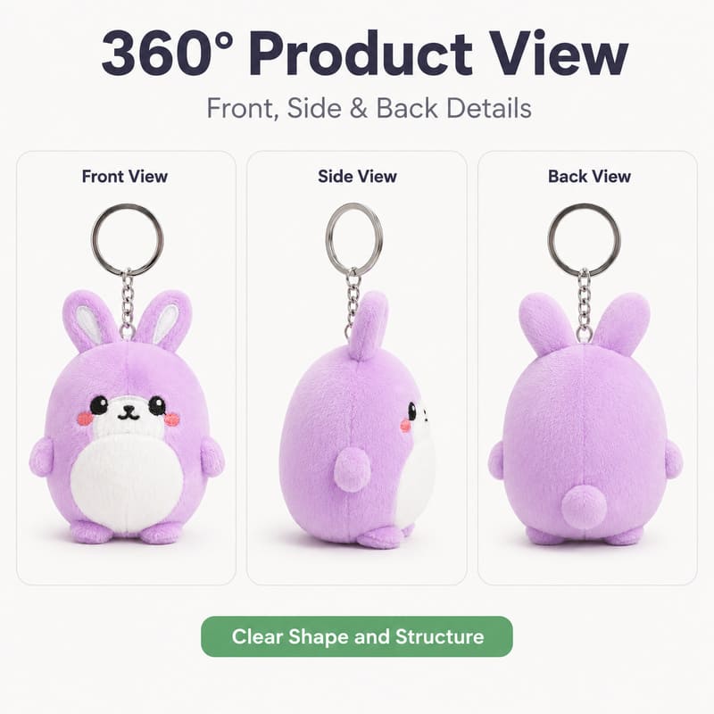 Purple bunny plush keychain front side back view