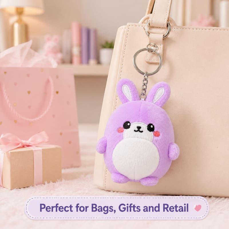 Purple bunny plush keychain stitching detail