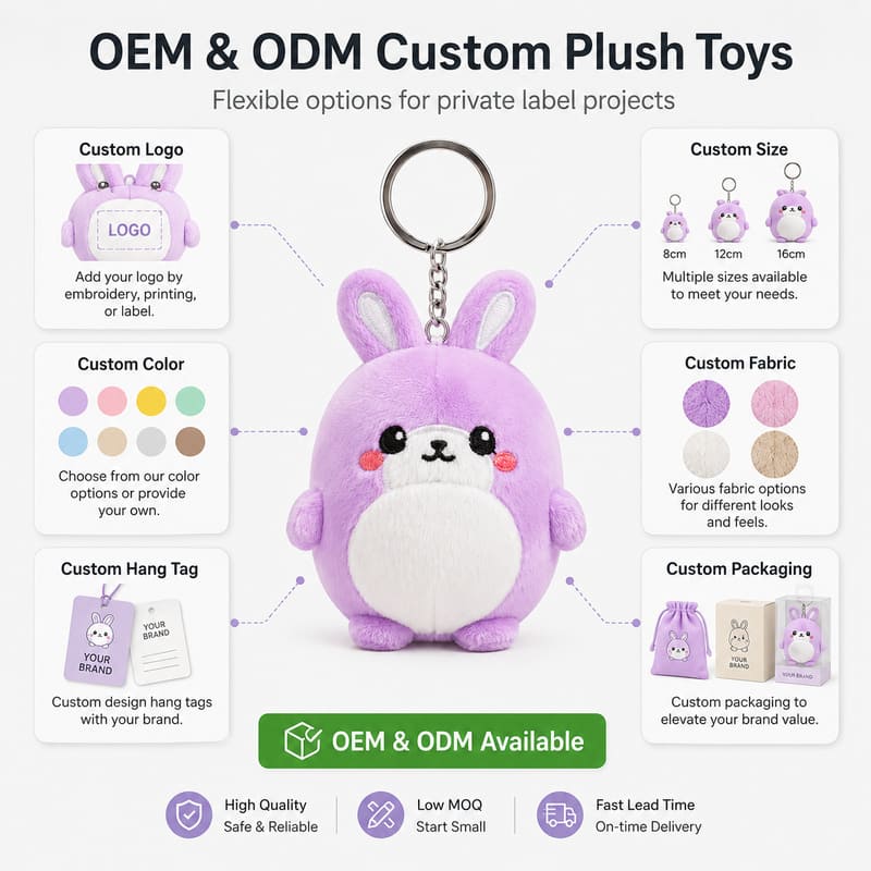 Purple bunny plush keychain embroidered detail