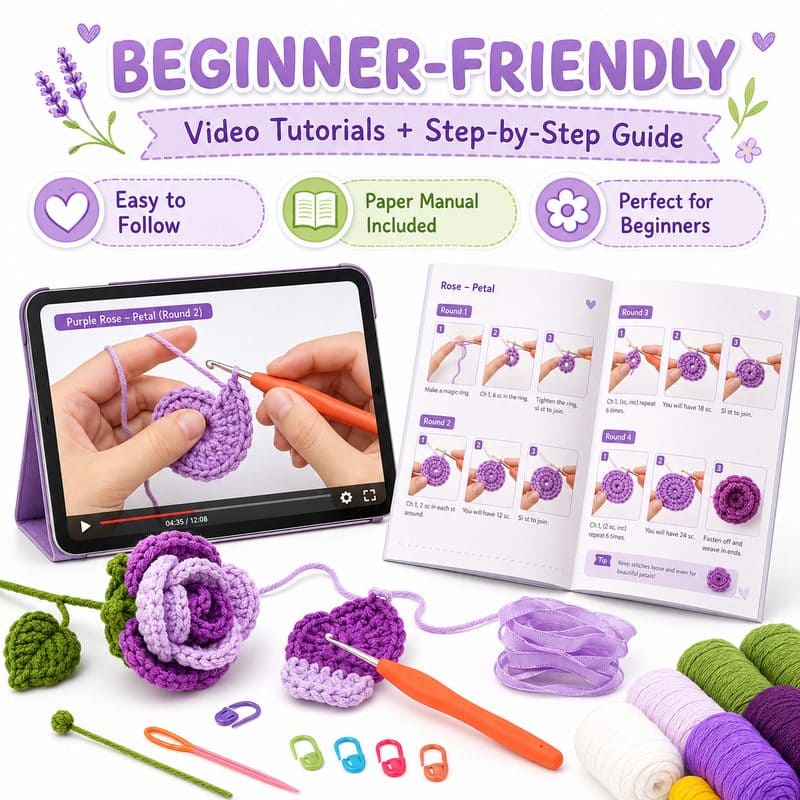 Purple rose crochet bouquet kit for beginners size reference