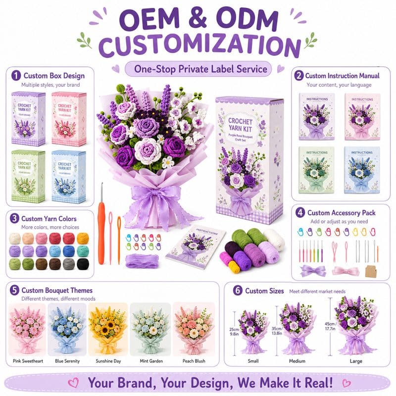 Purple rose crochet bouquet kit for beginners embroidered detail