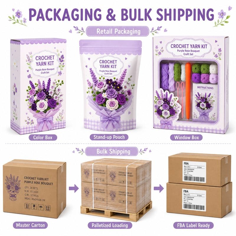 Purple rose crochet bouquet kit for beginners design detail