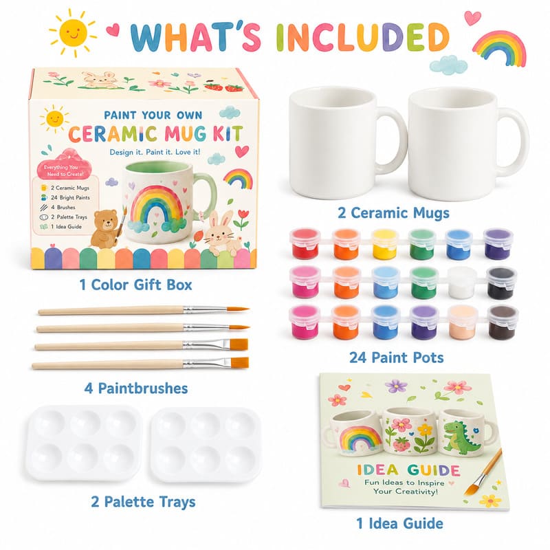 Rainbow bunny mug painting kit front side back view