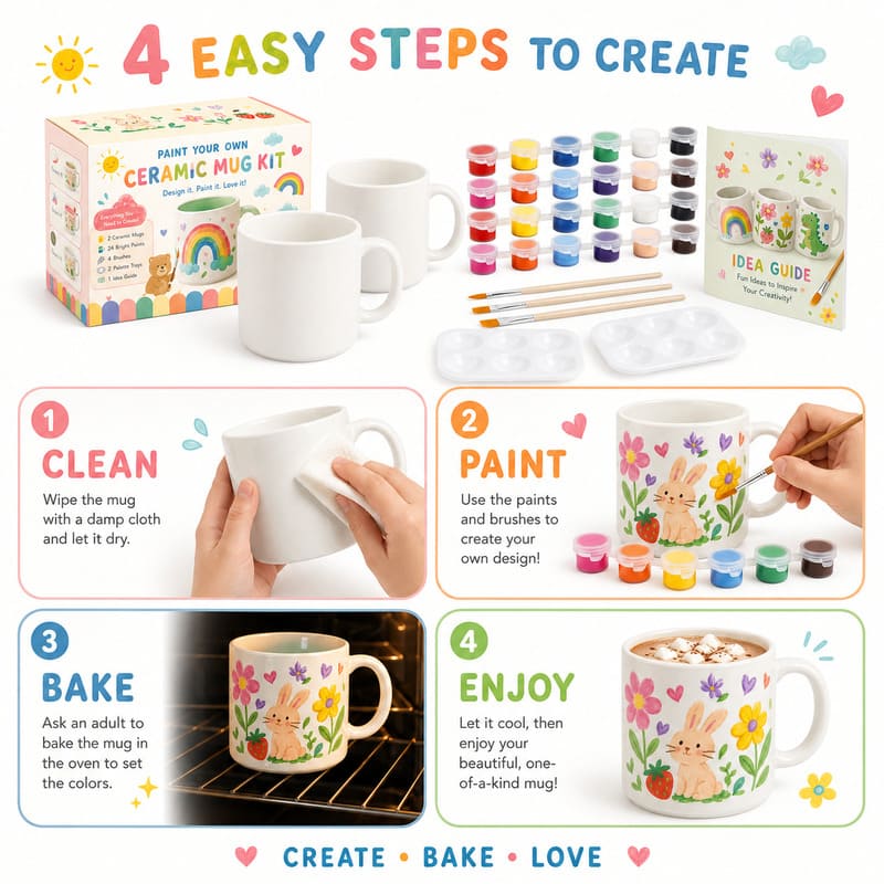Rainbow bunny mug painting kit size reference