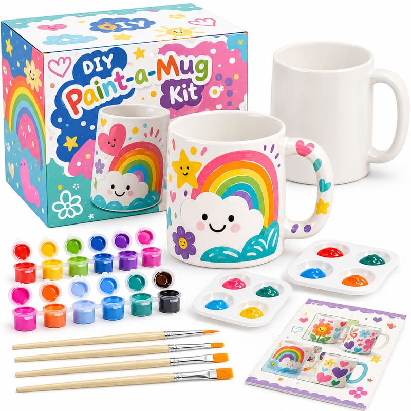 Rainbow ceramic mug painting kit front view