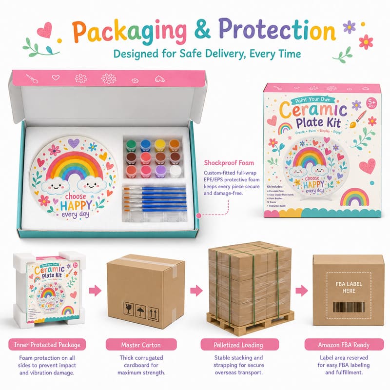 Rainbow ceramic plate painting kit stitching detail