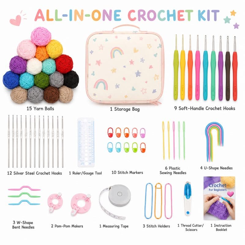 Rainbow crochet starter kit with storage case front side back view