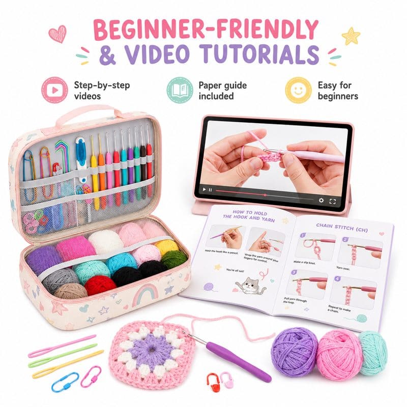 Rainbow crochet starter kit with storage case size reference