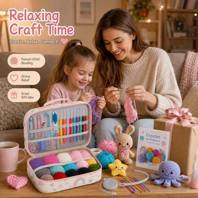Rainbow crochet starter kit with storage case stitching detail