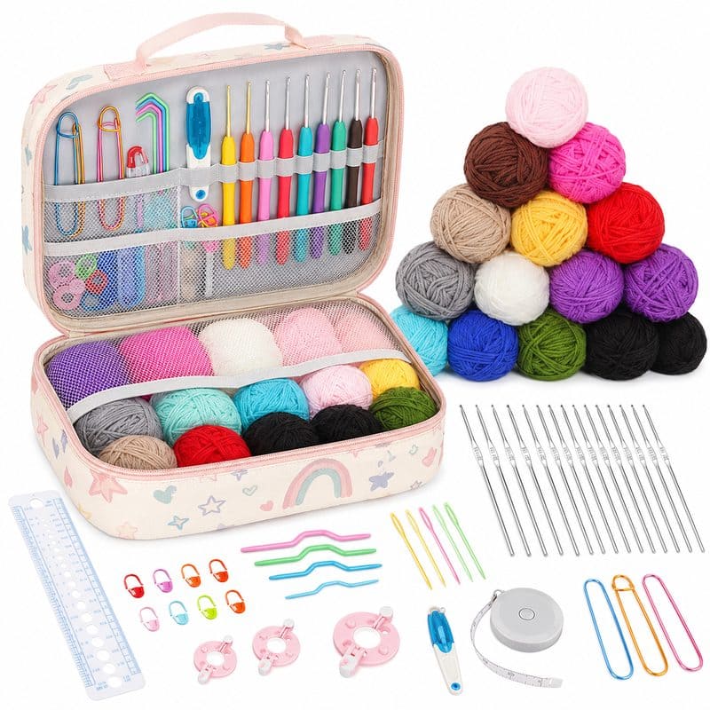 Rainbow crochet starter kit with storage case front view