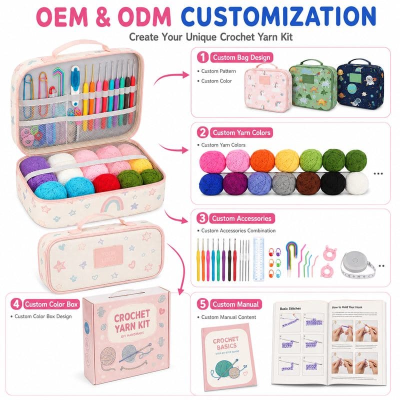 Rainbow crochet starter kit with storage case embroidered detail