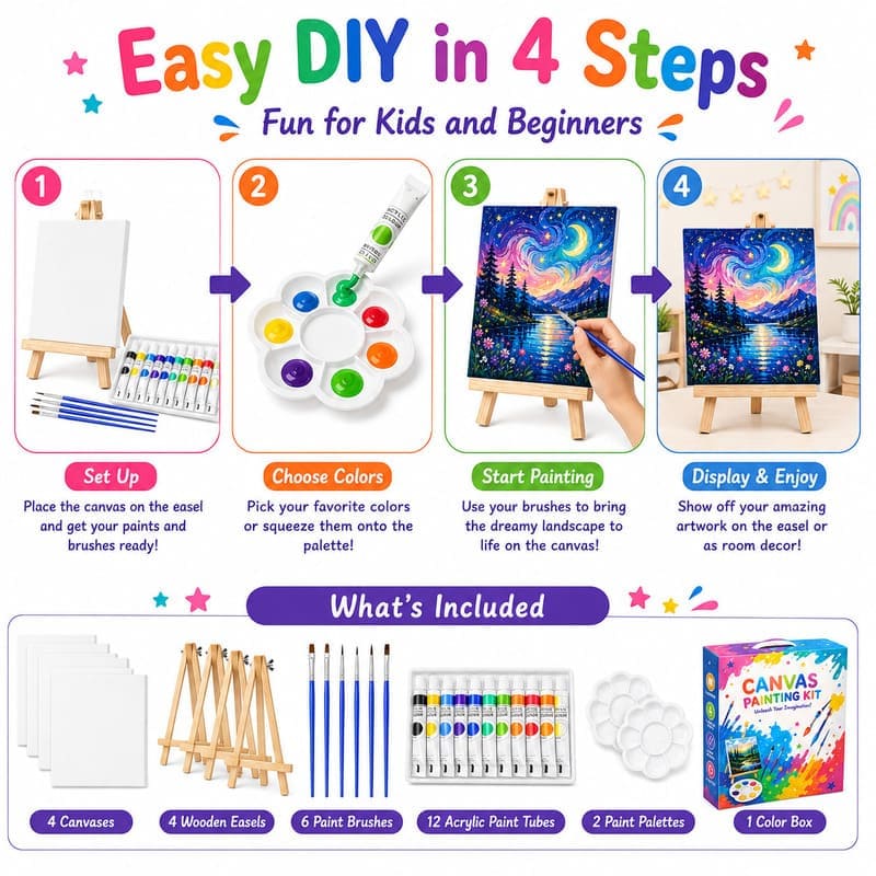 Starry night canvas painting kit with easel size reference