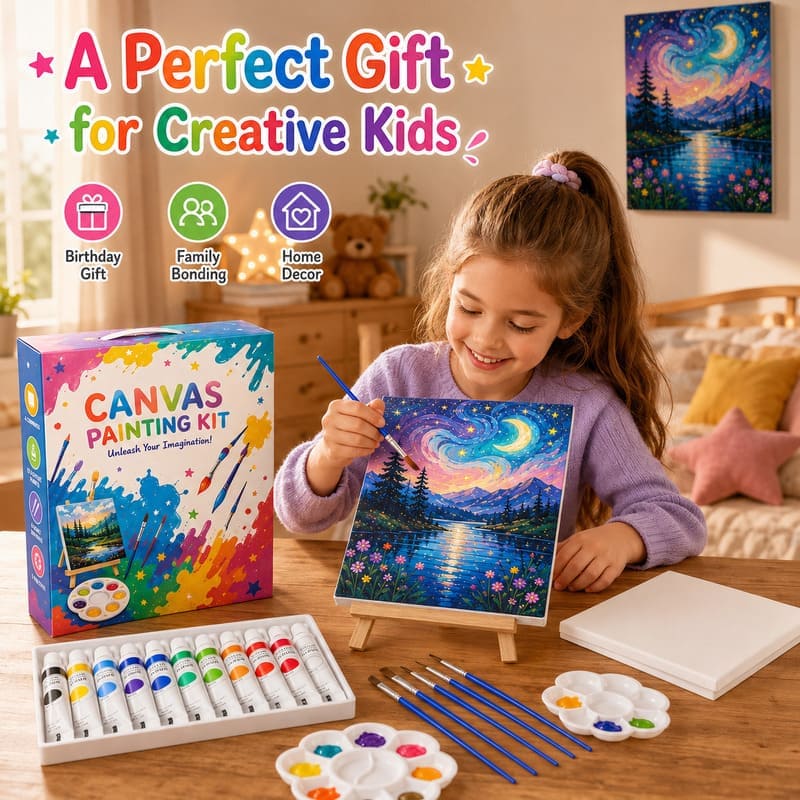Starry night canvas painting kit with easel stitching detail