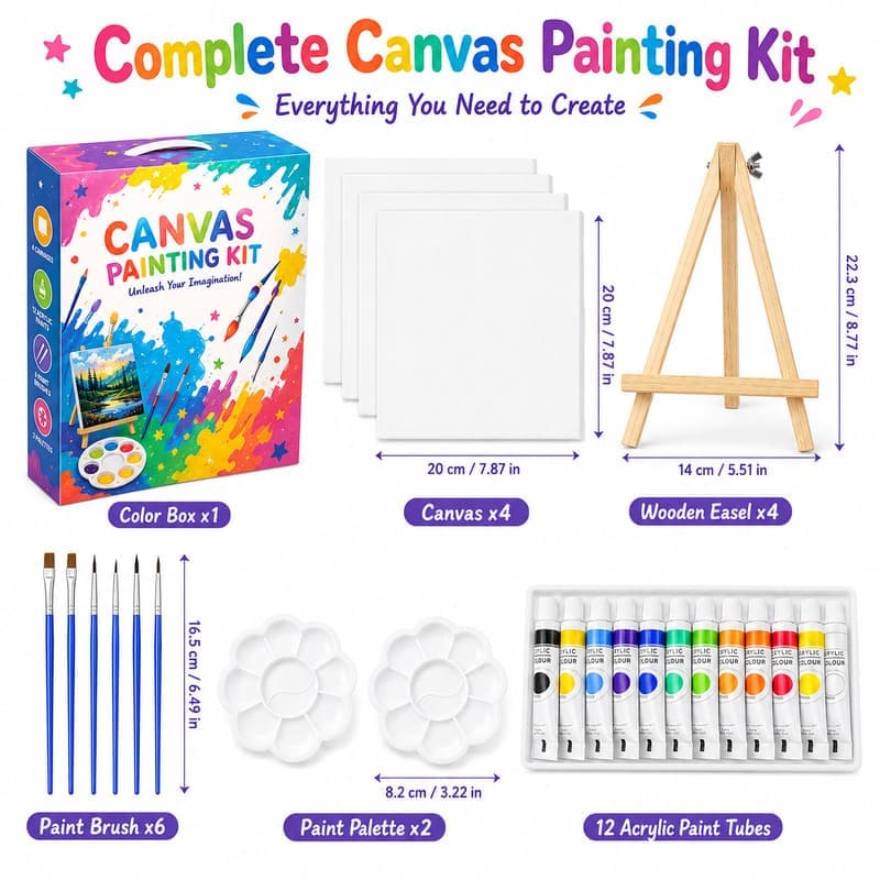 Starry night canvas painting kit with easel front side back view