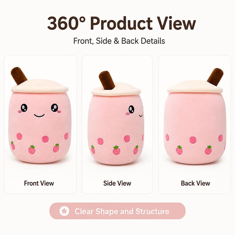 Strawberry boba tea plush pillow front side back view
