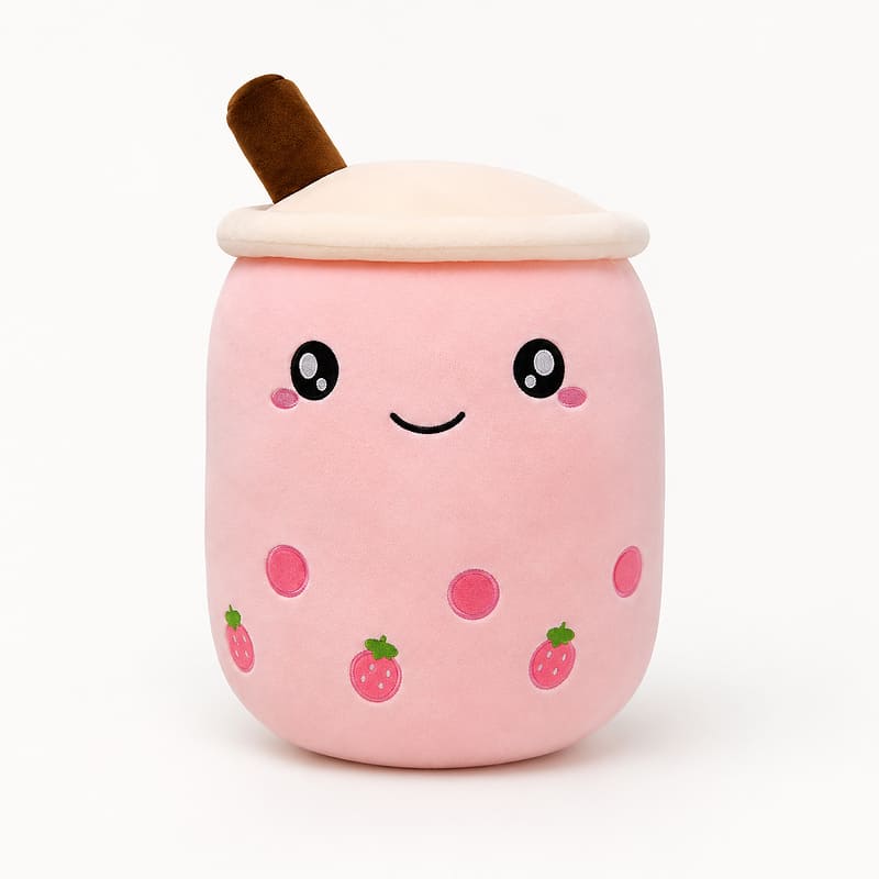 Strawberry boba tea plush pillow front view