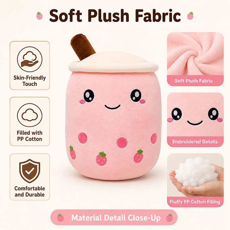 Strawberry boba tea plush pillow size reference