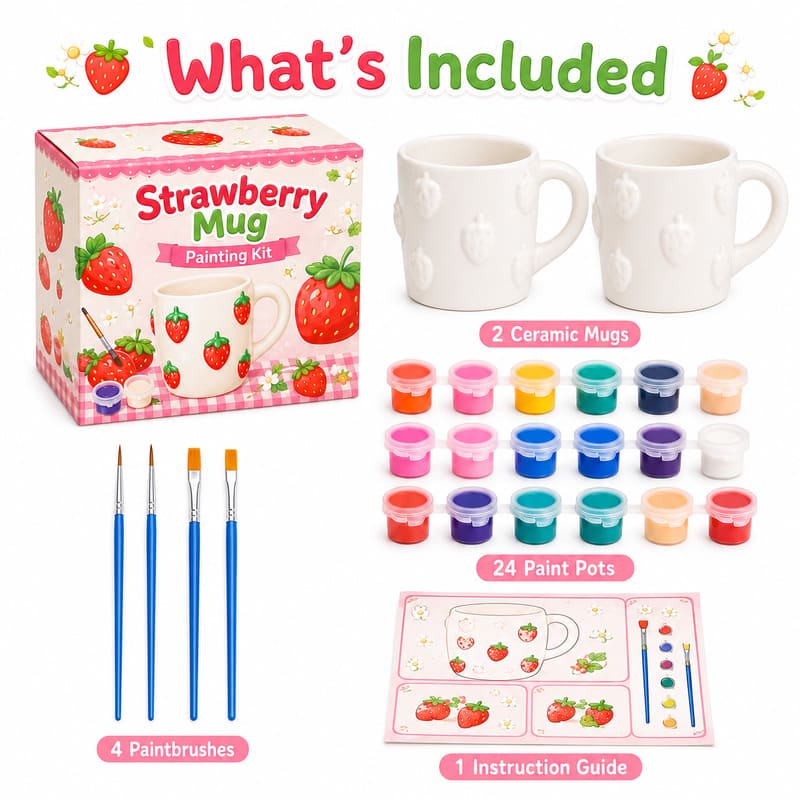 Strawberry ceramic mug painting kit front side back view