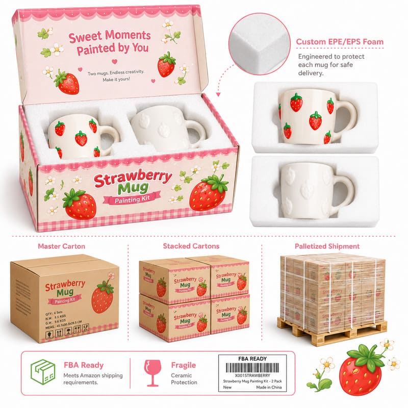 Strawberry ceramic mug painting kit stitching detail
