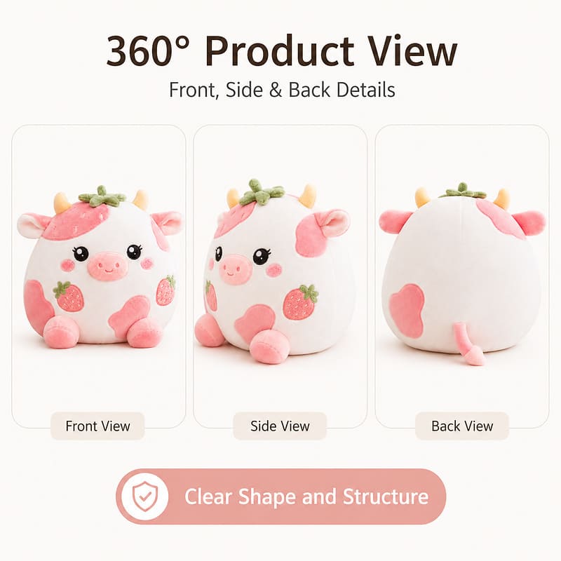 Strawberry cow plush toy front side back view