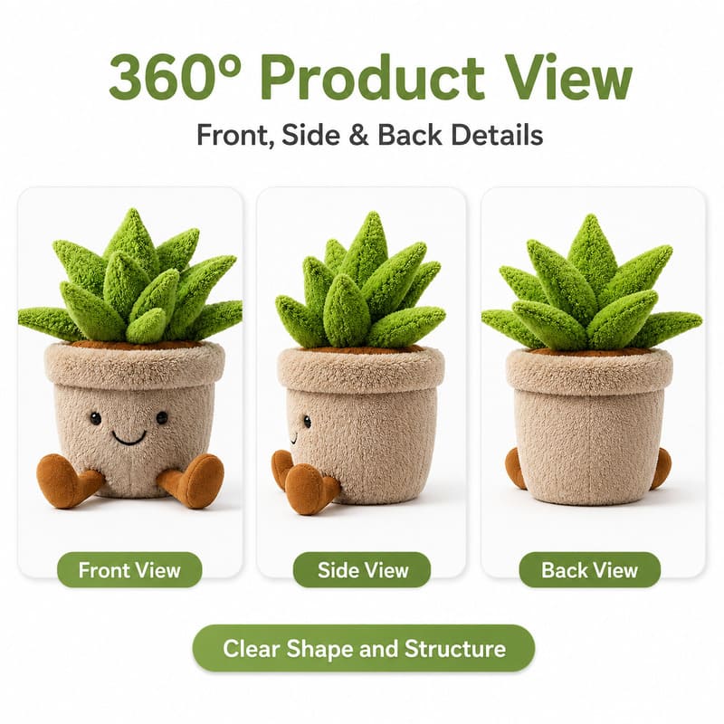 Succulent potted plant plush toy front side back view