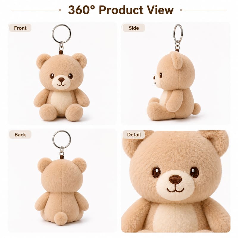 Teddy bear plush keychain front side back view