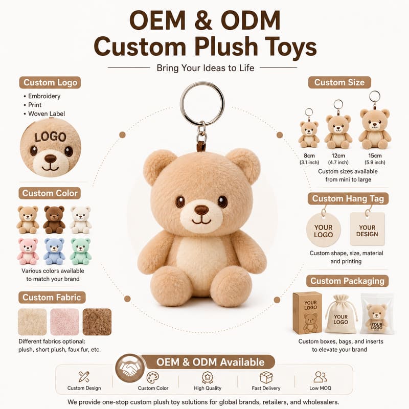 Teddy bear plush keychain embroidered detail